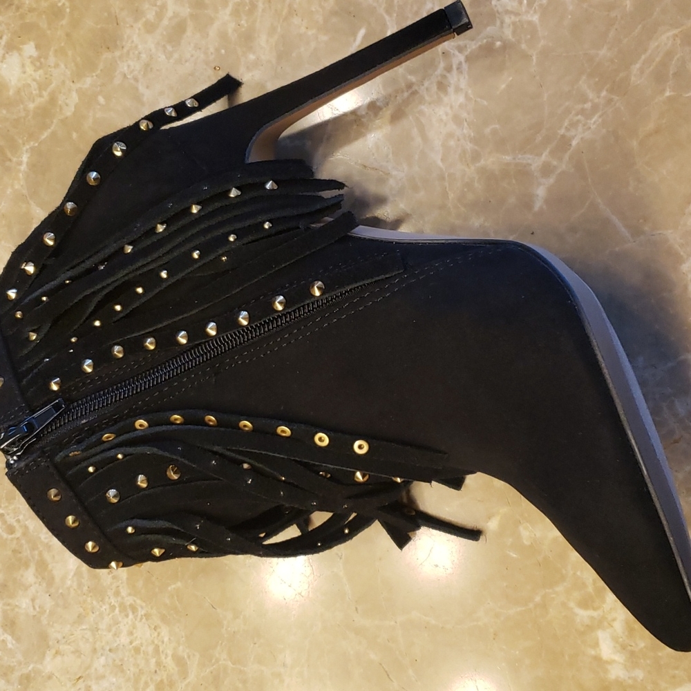 Express black micro suede cowhide fringed w gold-embellished ankle booti… - Picture 12 of 16